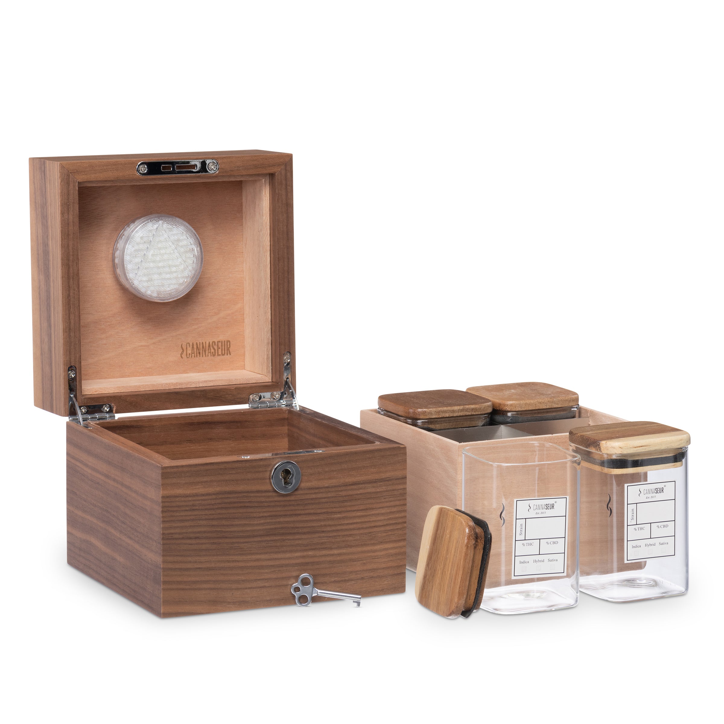 Cannaseur® Cube Walnut Humidor with 4 Jars and Lock - Cannaseur